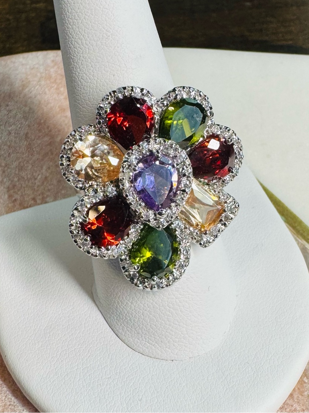 925 Sterling Silver Multi Gemstone Flower Halo Ring Size 8.5